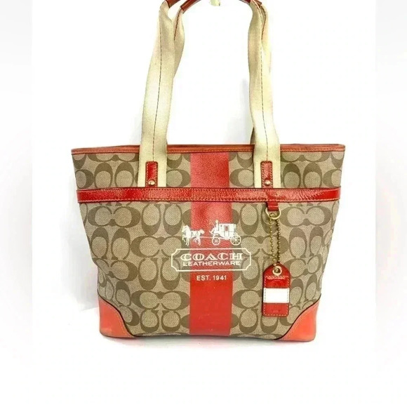 COACH Heritage 11350 Orange Tan Signature Coated Canvas Tote Shoulder Bag Purse - Picture 1 of 10